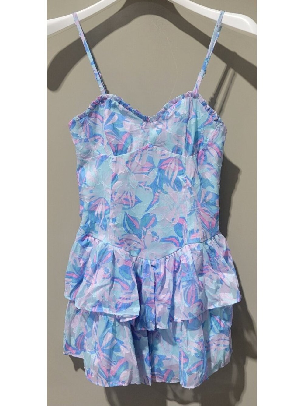 Wild Fable Blue Tropical Floral Tiered Fit & Flare Mini Dress -- Medium 8/10 - Picture 2 of 11